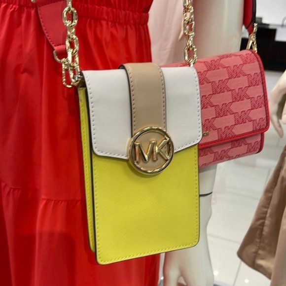 Michael Kors Carmen Small Color-Block Faux Leather Phone Crossbody Bag Sunshn - Picture 15 of 16